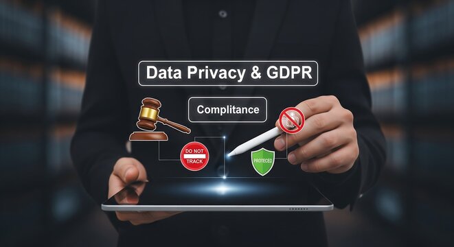 Business man showing Data Privacy GDPR Compliance concept with gavel, no entry sign, shield and pen, modern technology background