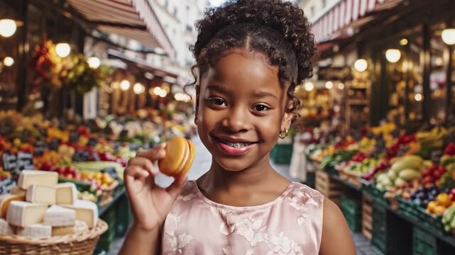 Girl at market smiling, holding a macaron. Rows of food stalls line the background