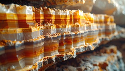 Layered geological rock samples showcasing intricate natural mineral formations with warm, banded colors.