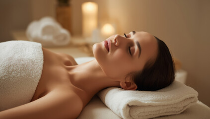 Serene woman relaxing on spa table with towel and candlelight ambiance