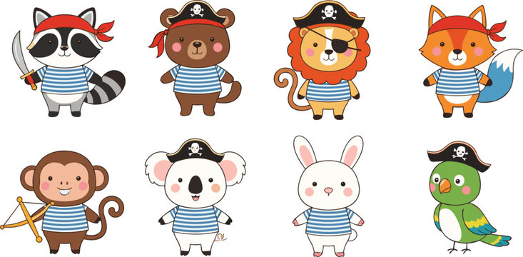 Cute pirate animal cartoon vector set with funny characters wearing sailor costumes and adventure theme isolated