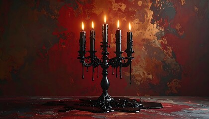 Ornate Black Candelabra Illuminated with Dripping Candles in a Spooky Atmosphere