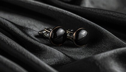Pair of polished obsidian cufflinks with gold trim resting on black silk fabric