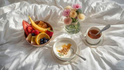 Sunny breakfast in bed with fruit bowl, yogurt with granola and tea, cozy floral accent