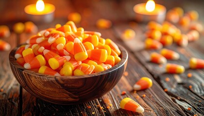 Pile of Scattered Candy Corn in a Rustic Wooden Bowl on a Textured Surface