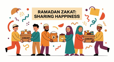 Flat vector illustration of muslim community giving zakat and charity donation, people sharing food box, social care concept.