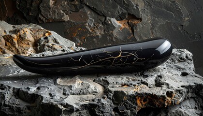 Smooth Polished Obsidian Replicant with Gold Veining on Rocky Surface