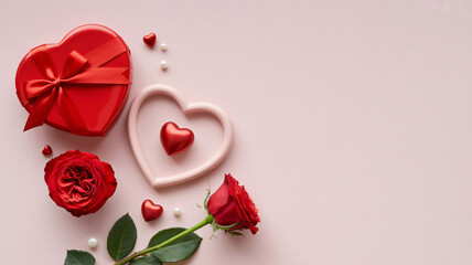 Red rose with heart shaped gift and decoration in soft romantic lighting on pastel background for valentines day