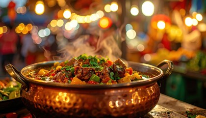 Steaming Tender Spicy Fragrant Curry Dish Served in Copper Bowl with Bokeh Lights