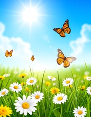 Summer meadow illustration with flying monarch butterflies and bright sun against a blue cloudy sky