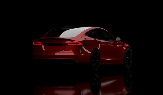 Kazakhstan, Almaty - January 25, 2026: Tesla model S Plaid on dark background. 3d render