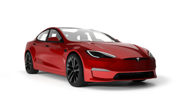 Kazakhstan, Almaty - January 25, 2026: Red Tesla model S Plaid isolated on white background. 3d render