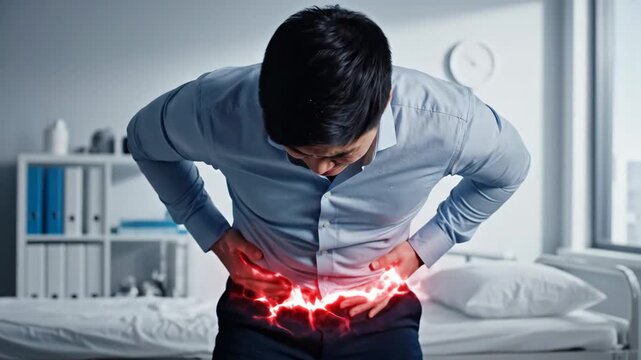 Man Experiencing Groin Pain - This video shows a man experiencing discomfort in his groin area, which is highlighted in red.
