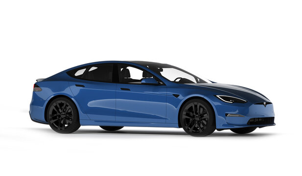 Kazakhstan, Almaty - January 25, 2026: Blue Tesla model S Plaid isolated on white background. 3d render