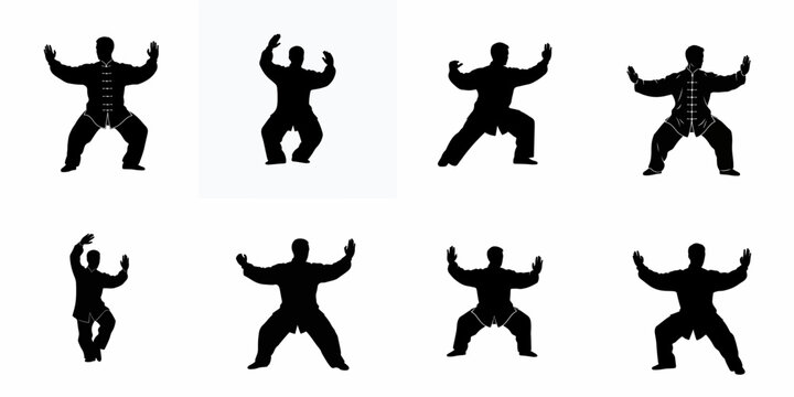 Collection of eight black silhouettes depicting a male practitioner performing various balanced movements and stances of Tai Chi or Qigong, isolated on white.