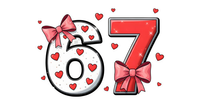 Number 67 isolated on transparent background with hearts and bows