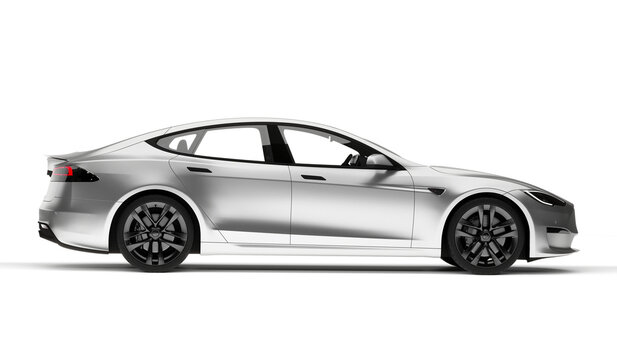 Kazakhstan, Almaty - January 25, 2026: Grey Tesla model S Plaid isolated on white background. 3d render