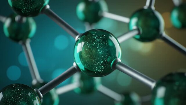 Green Atom Molecular Structure Model with Particle Effects on Metal Rods Against a Blurry Blue Background Visualizing