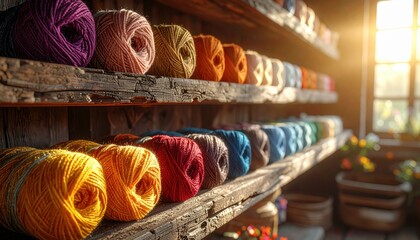 Vibrant skeins of hand-dyed yarn in rich, variegated colors fill rustic wooden shelves, showcasing an artisan's textile collection.