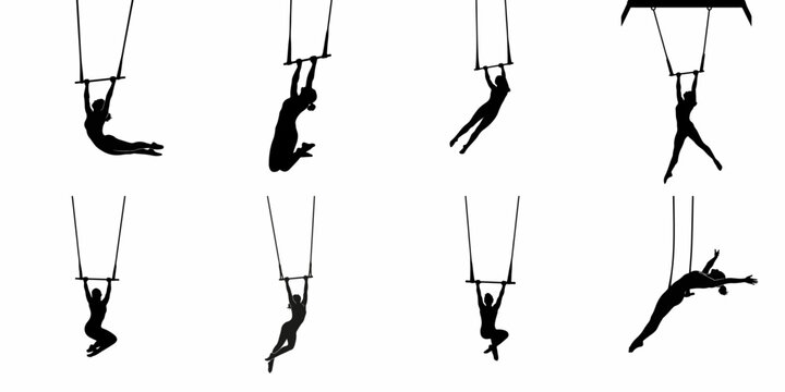 Eight female trapeze artists silhouettes performing various aerial acrobatics poses on a flying trapeze bar, isolated vector collection.