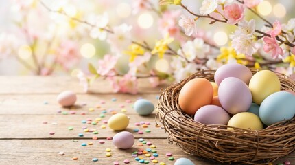 Colorful Easter eggs arranged in a woven basket on a rustic wooden table, surrounded by pastel confetti and delicate cherry blossom branches, celebrating the joy of Easter Day
