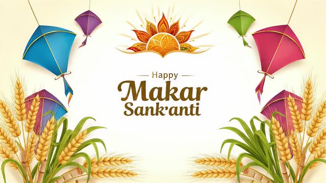 Happy Makar Sankranti Festival Celebration With Colorful Kites And Wheat Stalks Border