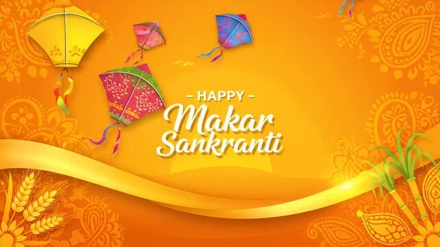 Happy Makar Sankranti Festival Celebration With Colorful Kites Sugarcan Wheat And Paisley Patterns On Orange Background