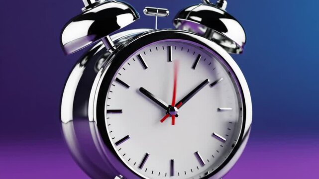 Glossy Chrome Alarm Clock on Gradient Background - A close-up shot of a chrome alarm clock face with a white background, black markers, and black and red hands, against a purple and blue gradient