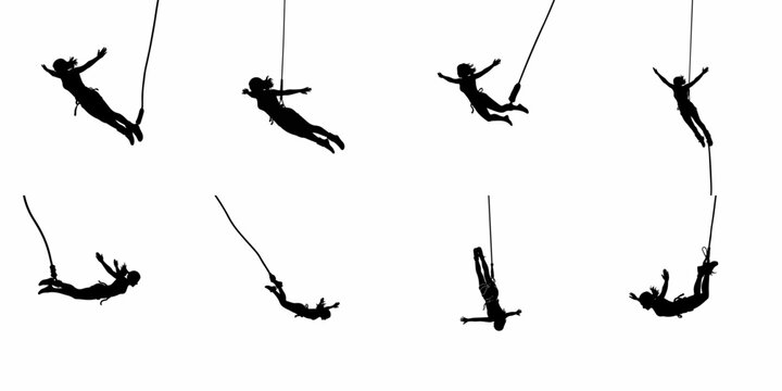Eight female bungee jumping silhouettes showing the extreme sport in motion, isolated graphic elements representing adventure and courage on a white background.