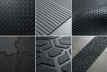 Textured black rubber surfaces showcasing intricate patterns illustrating versatility and functionality in industrial design emphasizing durability and adaptability