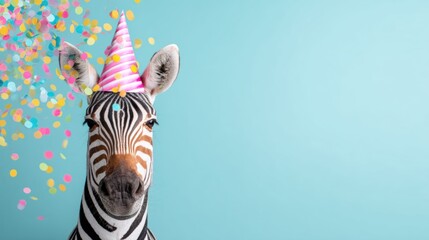 Fototapeta premium Zebra wearing a party hat with colorful confetti in a bright setting