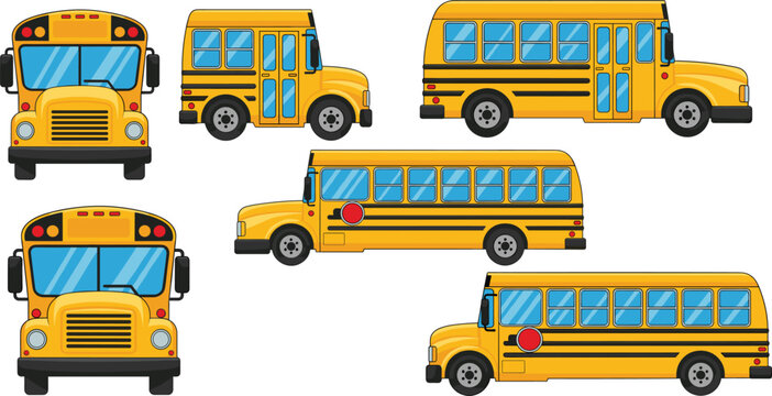 Yellow school bus vector set with front side rear views and transportation angles isolated