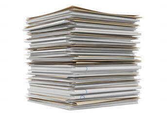 Stack of assorted office papers and documents files isolated on a transparent background