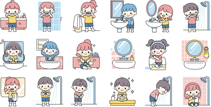 Cute kids daily hygiene routine cartoon vector set with bathroom washing brushing and shower activities isolated