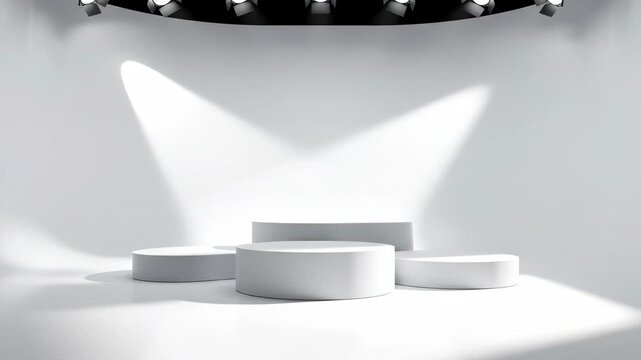 Empty White Stage With Spotlights And Podium Risers For Award Presentation Or Product Display