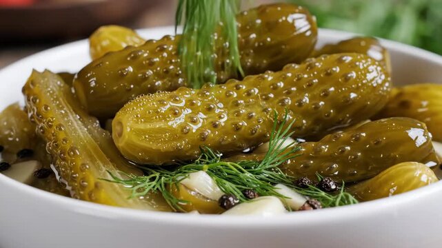 Pickled Cucumber Close-Up - A close-up shot shows vibrant green, crisp pickled cucumbers nestled in a pristine white bowl, ready to be enjoyed. Dill sprigs and spices are added to the bowl.