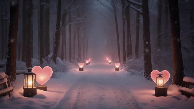 Romantic winter forest pathway with glowing heart lanterns