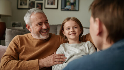 Obraz premium Smiling grandfather and child sitting on sofa sharing warm family moment together