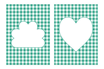 Fototapeta premium Two green gingham card templates with white heart and cloud frames. Vertical layouts for St. Patrick's Day or spring holiday stationery.