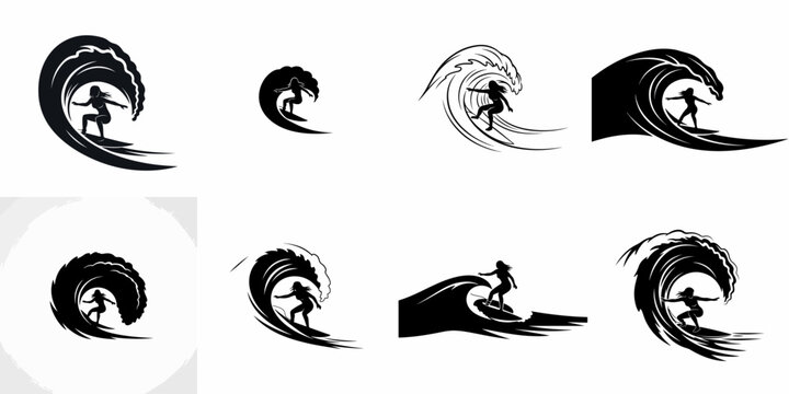 A collection of black silhouette logo designs featuring a female surfer riding big ocean waves, perfect for surf camps, apparel, or branding.