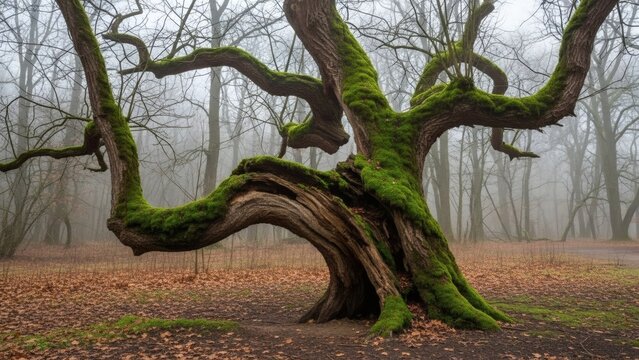 Ancient Moss Covered Tree in Forest.