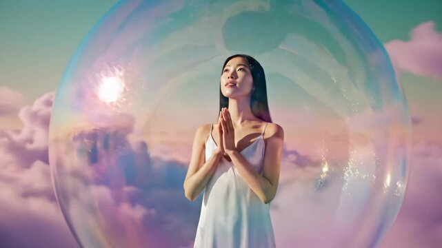 Woman in protective iridescent bubble - A surreal video of a young woman standing with her hands together in a praying position.