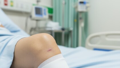 Patient's knee with a small red wound partially covered by a blue sheet lying in a blurred hospital bed