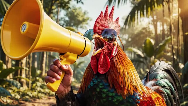 Rooster Shouting into Megaphone - A rooster wearing sunglasses is shouting into a yellow megaphone. He is standing outdoors with a forest background.