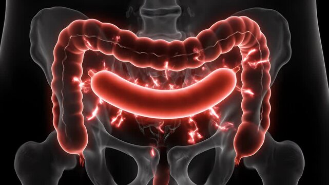 Human Colon Anatomy Detailed Animation on Dark Background Digestive System Illustrative Medical Visualization Health