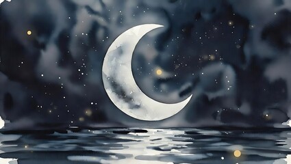 Naklejka premium Full moon rising over serene water with stars and reflections at night