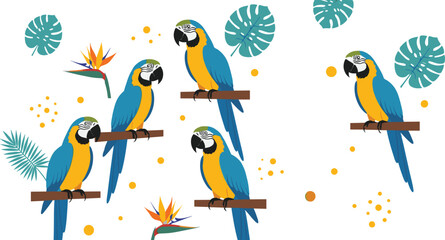 Naklejka premium Colorful macaw parrot pattern with tropical leaves and flowers in playful flat vector illustration style