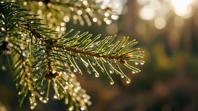 Dew-covered pine branches glistening in morning light.
