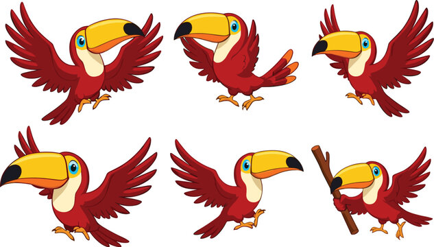 Colorful cartoon toucan set with flying tropical birds in dynamic poses in bright flat vector illustration style