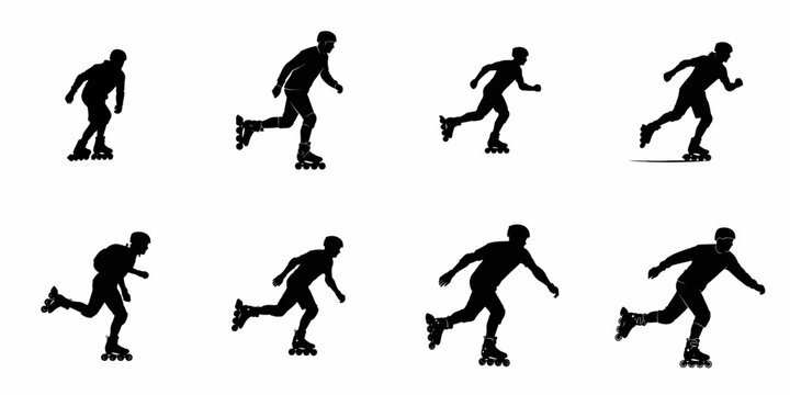Collection of eight black silhouettes of men inline skating, showing dynamic rollerblading poses and movements, isolated on a white background vector illustration.